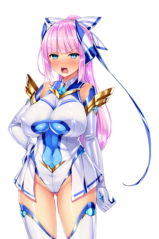 satou kuuki, element venus, kisaragi nozomi, shinsou seiki elementia, game cg, large variant set, non-web source, official art, variant set, 1girl, :o, angry, bare shoulders, blue eyes, blunt bangs, blush, breasts, cameltoe, chest jewel, covered collarbone, covered erect nipples, covered navel, cowboy shot, elbow gloves, gem, gloves, gluteal fold, groin, hair ribbon, hand on own hip, headgear, high ponytail, highleg, highleg leotard, huge breasts, impossible clothes, impossible leotard, legs apart, leotard, long hair, looking at viewer, magical girl, nose blush, open mouth, pink hair, pleated skirt, ponytail, ribbon, shiny clothes, shiny skin, showgirl skirt, sidelocks, simple background, skin tight, skirt, solo, standing, tachi-e, teeth, thighhighs, transparent background, turtleneck, v-shaped eyebrows, white background, white gloves, white leotard, white thighhighs