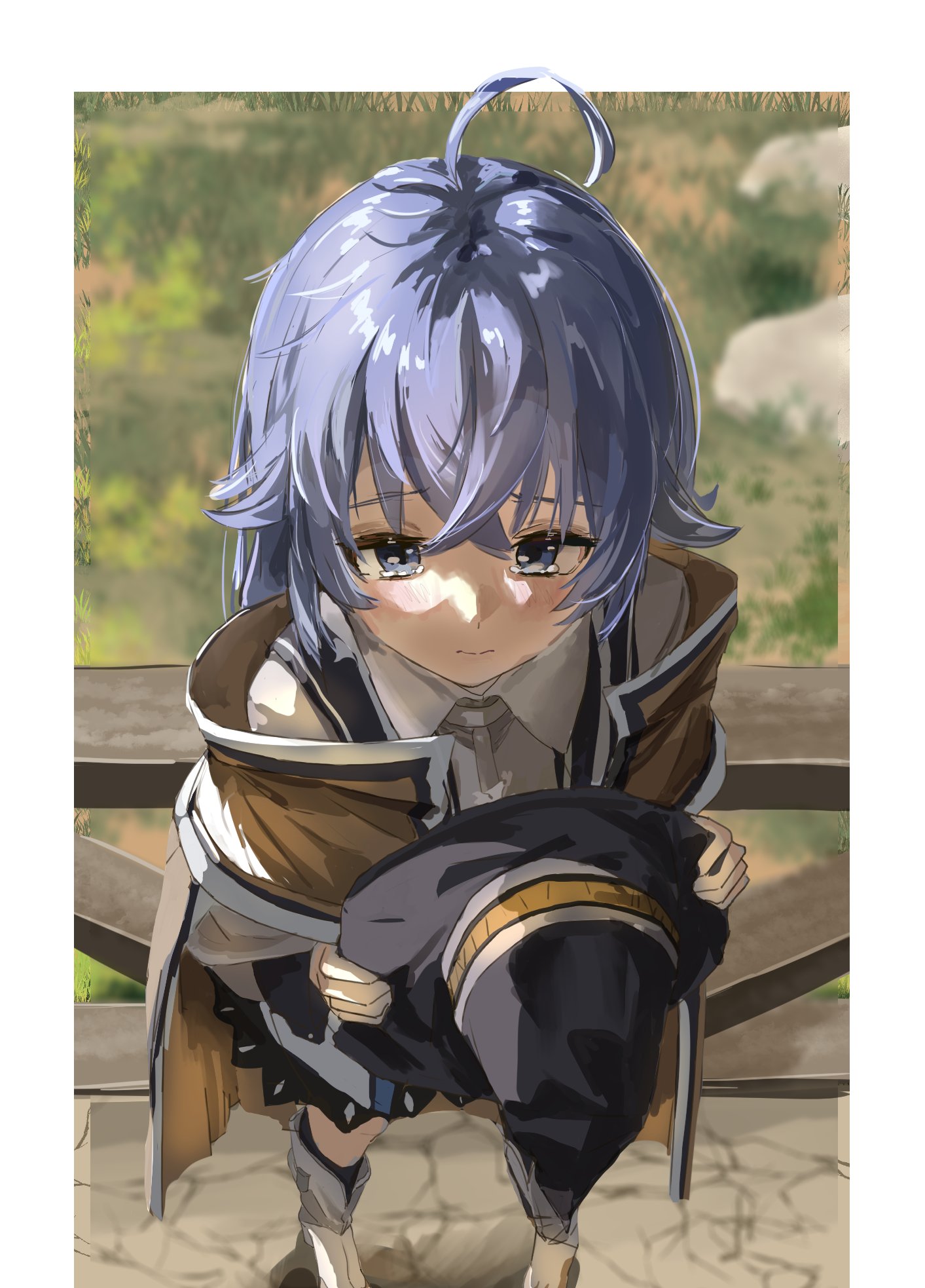 roxy migurdia, mushoku tensei, commentary request, highres, 1girl, ahoge, aim6120, black hat, black skirt, blue eyes, blue hair, blurry, blurry background, blush, boots, border, brown capelet, brown cloak, capelet, cloak, closed mouth, collared shirt, crossed bangs, from above, hair between eyes, hat, holding, holding unworn clothes, holding unworn hat, shirt, skirt, solo, tearing up, unworn hat, unworn headwear, white boots, white border, white shirt, witch hat