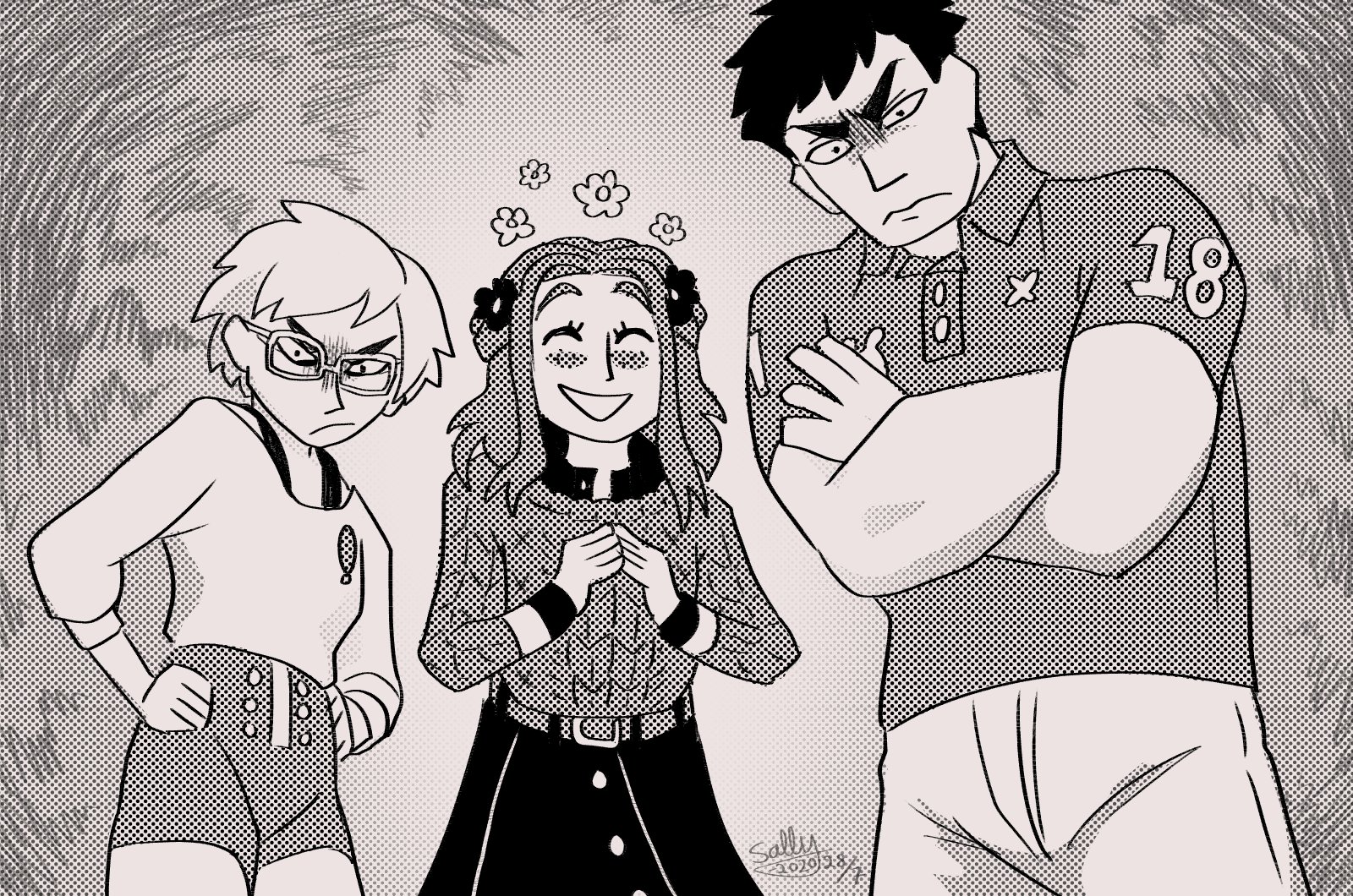 sagutoyas, diana (kyokugen dasshutsu), phi (kyokugen dasshutsu), sigma (kyokugen dasshutsu), kyokugen dasshutsu, zero escape: toki no dilemma, commentary, english commentary, highres, 1boy, 2girls, angry, belt, blush, blush stickers, brooch, closed eyes, closed mouth, collared shirt, crossed arms, dated, eyelashes, flower, glasses, greyscale, hair flower, hair ornament, hands on own hips, happy, high-waist shorts, jewelry, long hair, long sleeves, monochrome, multiple girls, open mouth, own hands together, pants, shirt, short hair, shorts, sidelocks, signature, skirt, smile, sweater, v-shaped eyebrows, very short hair