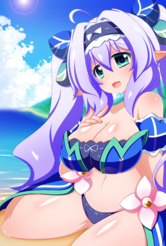 oborotsuki kakeru, original, commentary request, 1girl, aqua eyes, beach, breast suppress, breasts, cleavage, cloud, elf, hand on own chest, large breasts, long hair, looking at viewer, ocean, open mouth, oppai loli, pointy ears, purple hair, sand, sky, smile, solo, sun, swimsuit, thighs, twintails