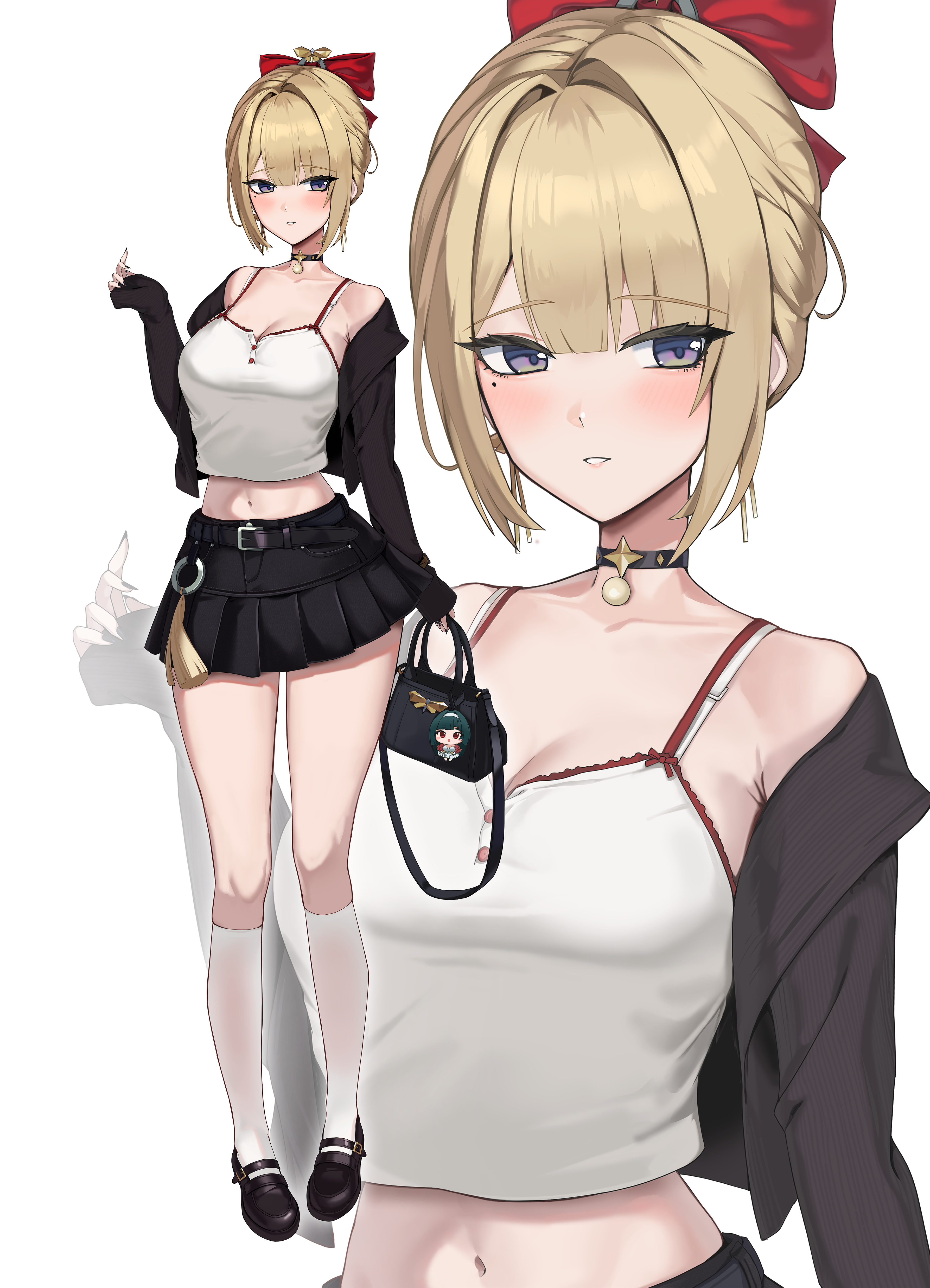 binu (nadenade), astra yao, evelyn chevalier, zenless zone zero, absurdres, commentary request, highres, revision, 1girl, alternate costume, bag, belt, black belt, black choker, black jacket, black nails, black shoes, black skirt, blonde hair, blush, bow, bra, bra strap, breasts, camisole, character charm, charm (object), choker, cleavage, collarbone, full body, hair bow, hair up, hand up, holding, holding bag, jacket, kneehighs, large breasts, looking at viewer, midriff, mole, mole under eye, nail polish, navel, o-ring, parted bangs, parted lips, pendant choker, purple eyes, red bow, shoes, skirt, sleeves past wrists, socks, tassel, thighs, underwear, white bra, white camisole, white socks, zoom layer