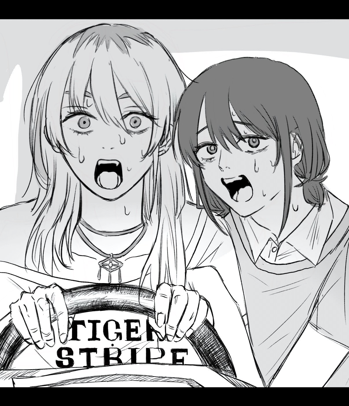 iseri nina, kawaragi momoka, chainsaw man, girls band cry, commentary request, highres, 2girls, collared shirt, grcr pometa1118, greyscale, jewelry, long hair, meme, monochrome, multicolored hair, multiple girls, necklace, open mouth, power crashes kobeni's car (meme), roots (hair), shirt, short twintails, steering wheel, sweat, twintails