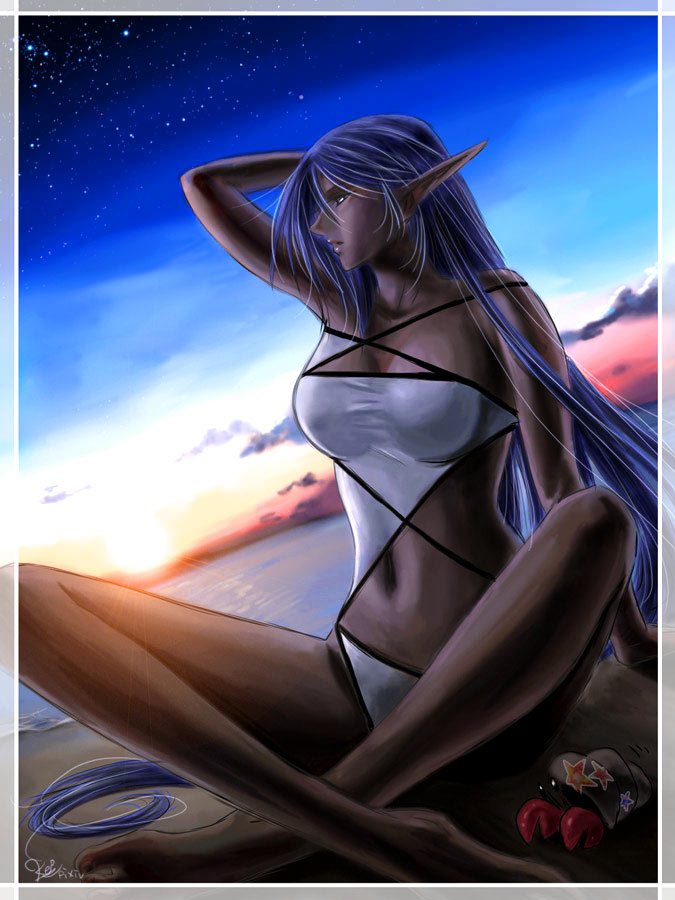 kei-r, 1girl, barefoot, breasts, cloud, crab, crustacean, dark-skinned female, dark skin, dutch angle, elf, feet, female focus, hand on own head, large breasts, long hair, navel, night, pointy ears, profile, signature, sitting, sky, solo, sunset, very long hair