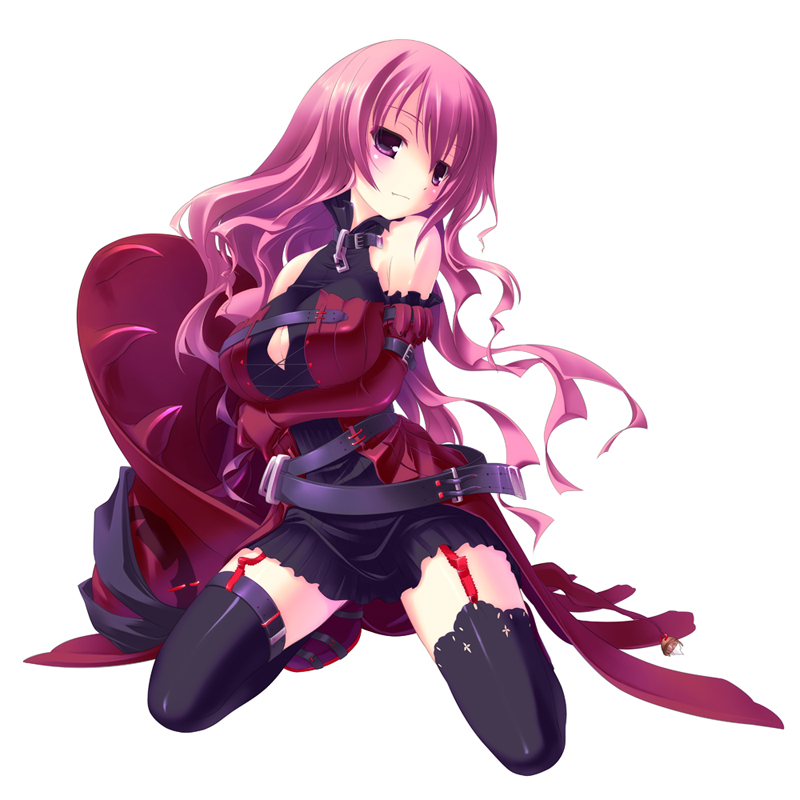 hinasaki you, original, breast hold, 1girl, bare shoulders, black thighhighs, breasts, cleavage, cleavage cutout, clothing cutout, elbow gloves, female focus, garter belt, garter straps, gloves, hat, large breasts, skirt, solo, thighhighs, unworn hat, unworn headwear, witch hat