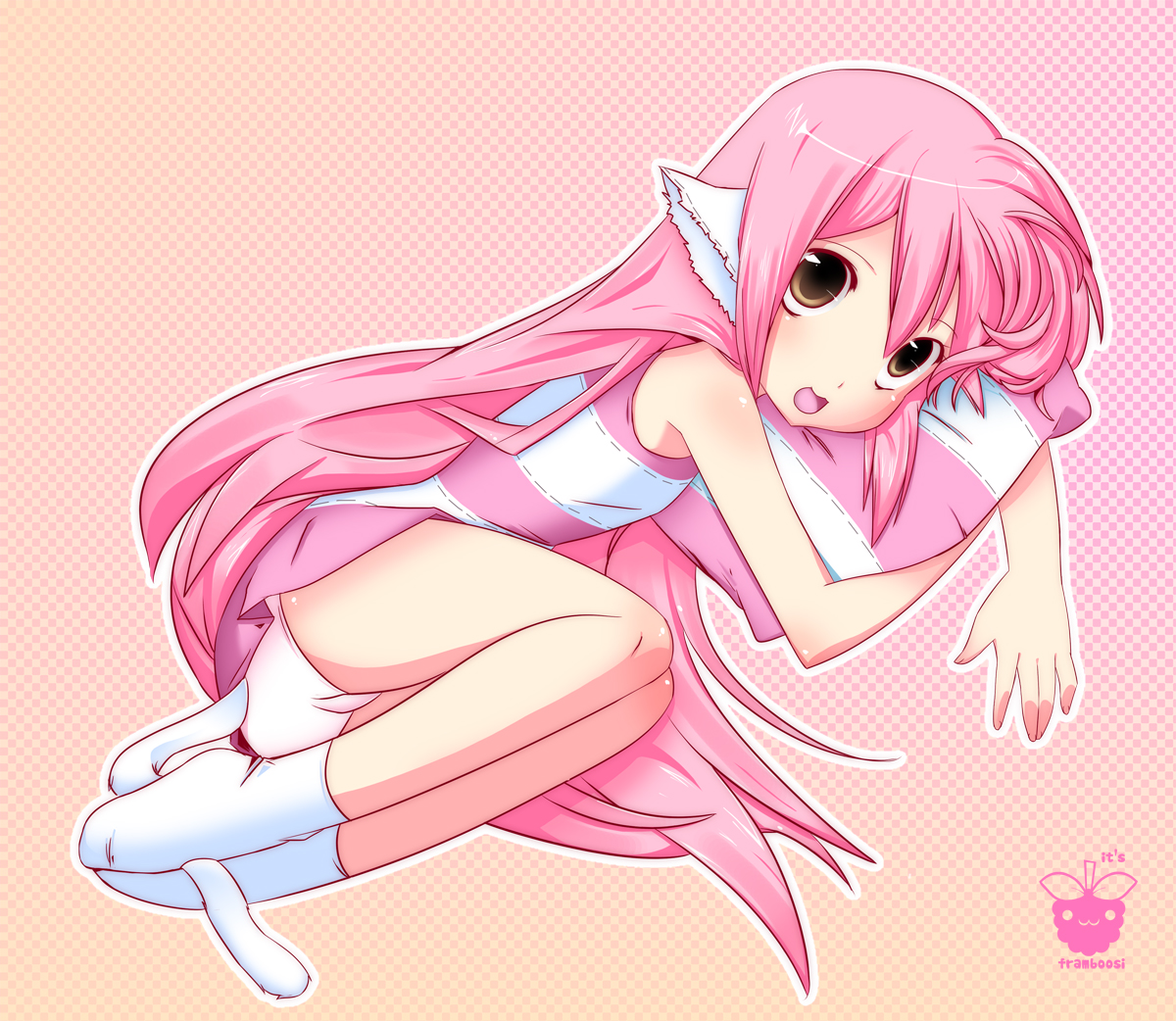 framboosi, 1girl, :3, animal ears, brown eyes, cat ears, cat tail, female focus, fetal position, long hair, panties, pantyshot, pillow, pink hair, pink theme, polka dot, signature, simple background, socks, solo, tail, underwear, very long hair