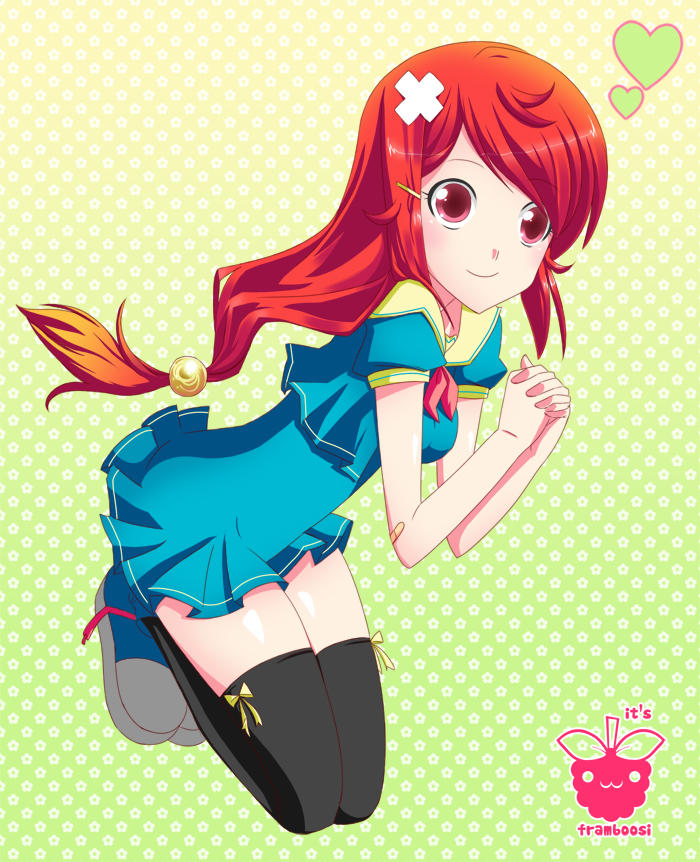 framboosi, kasei, kasei (framboosi), original, 1girl, bandaid, dress, female focus, hair ornament, hairclip, heart, kneeling, long hair, own hands clasped, own hands together, red eyes, red hair, smile, solo, thighhighs, zettai ryouiki