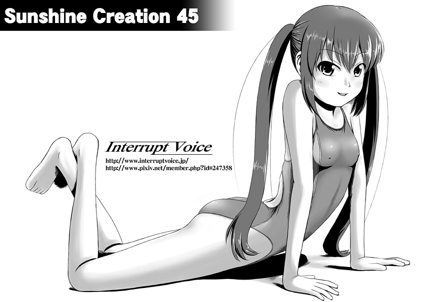 tk4, original, 1girl, arm support, bad anatomy, bad feet, barefoot, competition swimsuit, feet, female focus, greyscale, long hair, lying, monochrome, on stomach, one-piece swimsuit, poorly drawn, solo, swimsuit, twintails