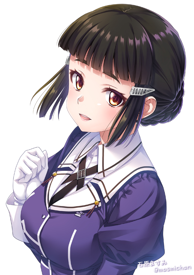 ishihara masumi, myoukou (kancolle), myoukou kai ni (kancolle), kantai collection, commentary request, 1girl, black hair, blunt bangs, braid, braided bun, brown eyes, collared shirt, dress shirt, hair bun, jacket, purple jacket, shirt, short hair, solo, thick eyebrows, upper body, white glovds, white shirt