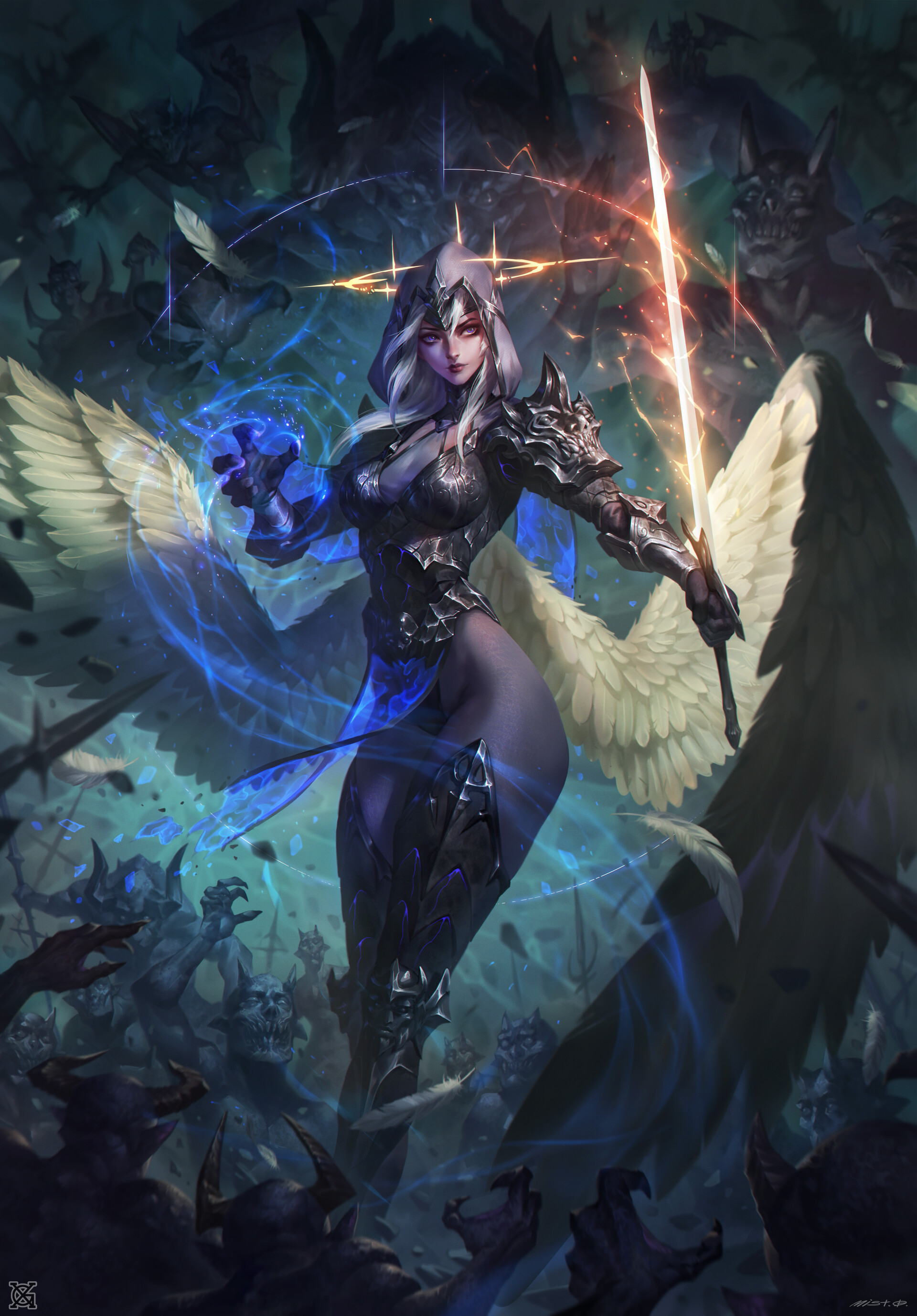absurdres, artist request, highres, official art, promotional art, 1girl, 6+boys, angel, armor, aura, breasts, claws, debris, demon, energy, fangs, feathered wings, feathers, groping motion, halo, holding, holding weapon, horns, large breasts, lips, magic, multiple boys, muscular, muscular male, rock, scenery, sword, thighhighs, veil, weapon, white hair, wingfox, wings