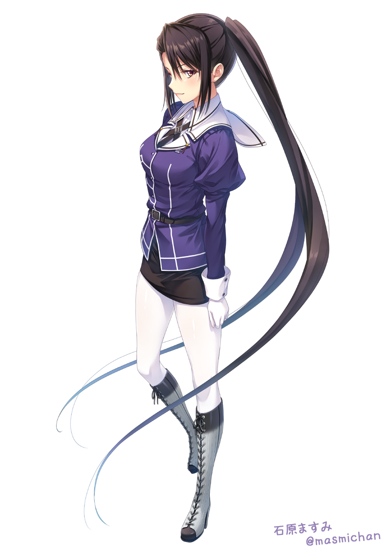 ishihara masumi, nachi (kancolle), nachi kai ni (kancolle), kantai collection, commentary request, 1girl, black hair, black skirt, boots, breasts, brown eyes, collared shirt, dress shirt, full body, grey boots, jacket, long hair, medium breasts, pantyhose, pencil skirt, profile, purple jacket, sailor collar, shirt, simple background, skirt, solo, very long hair, white background, white pantyhose, white sailor collar, white shirt