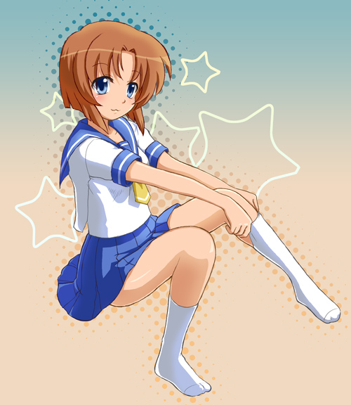 kiri (kirism), ryuuguu rena, higurashi no naku koro ni, bad id, bad pixiv id, 00s, 1girl, :3, blue eyes, brown hair, female focus, school uniform, serafuku, short hair, socks, solo