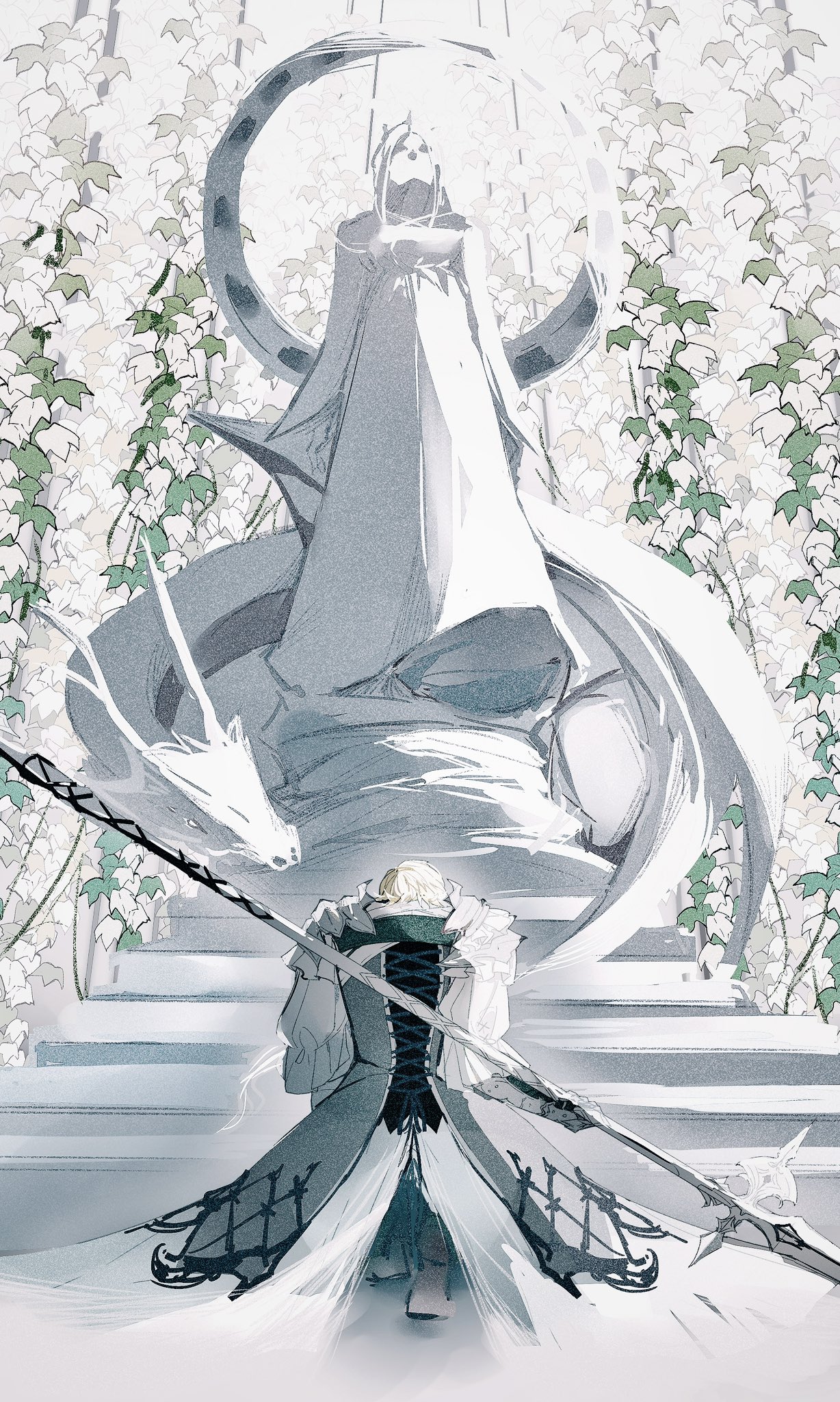 gigantickim ff, dion lesage, final fantasy, final fantasy xvi, commentary, english commentary, highres, 1boy, armor, blonde hair, dragon, dress, flower, head down, holding, holding polearm, holding weapon, long dress, male focus, metal gloves, on one knee, polearm, shirt, short hair, shoulder armor, sketch, solo, stairs, statue, weapon, white flower, white shirt