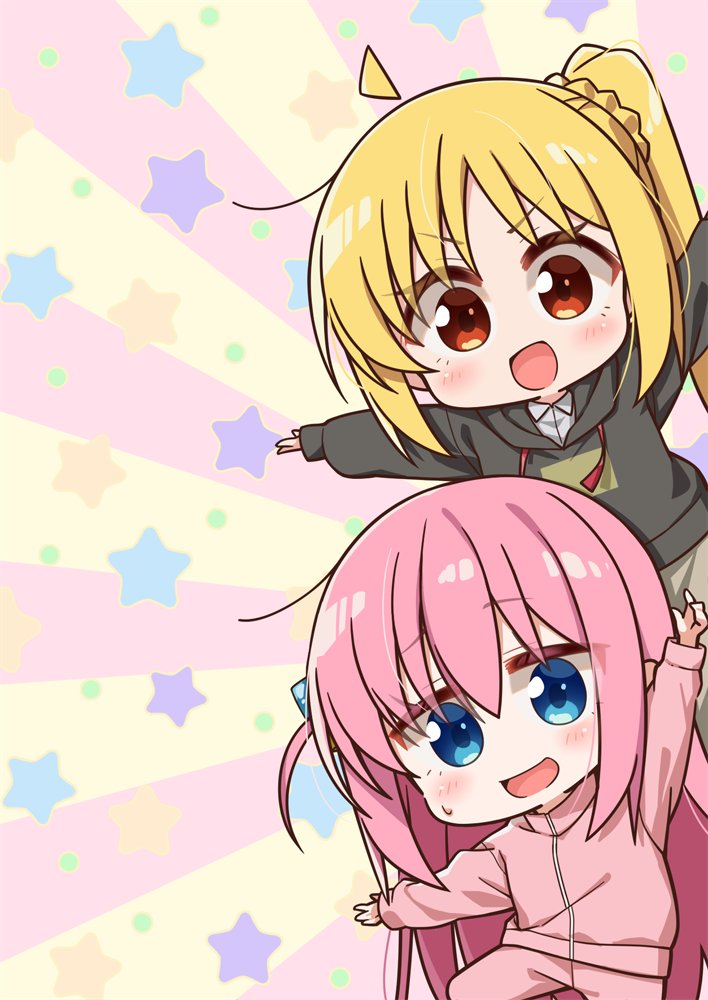 chika (06chimika13), gotoh hitori, ijichi nijika, bocchi the rock!, commentary request, 2girls, ahoge, arm up, black hoodie, blonde hair, blush, chibi, chibi only, cube hair ornament, hair ornament, hood, hoodie, jacket, long hair, long sleeves, looking at viewer, multiple girls, open mouth, outstretched arms, pants, pink jacket, pink pants, pink track suit, red eyes, side ponytail, smile, track jacket, track pants, track suit