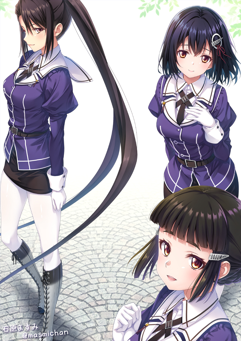 ishihara masumi, haguro (kancolle), haguro kai ni (kancolle), myoukou (kancolle), myoukou kai ni (kancolle), nachi (kancolle), nachi kai ni (kancolle), kantai collection, commentary request, 3girls, black hair, black skirt, blunt bangs, boots, braid, braided bun, breasts, brown eyes, brown hair, collared shirt, dress shirt, full body, gloves, grey boots, hair bun, hair ornament, hairclip, jacket, long hair, medium breasts, military uniform, multiple girls, pantyhose, pencil skirt, profile, purple jacket, sailor collar, shirt, shoes, short hair, simple background, skirt, thick eyebrows, upper body, very long hair, white background, white glovds, white gloves, white pantyhose, white sailor collar, white shirt