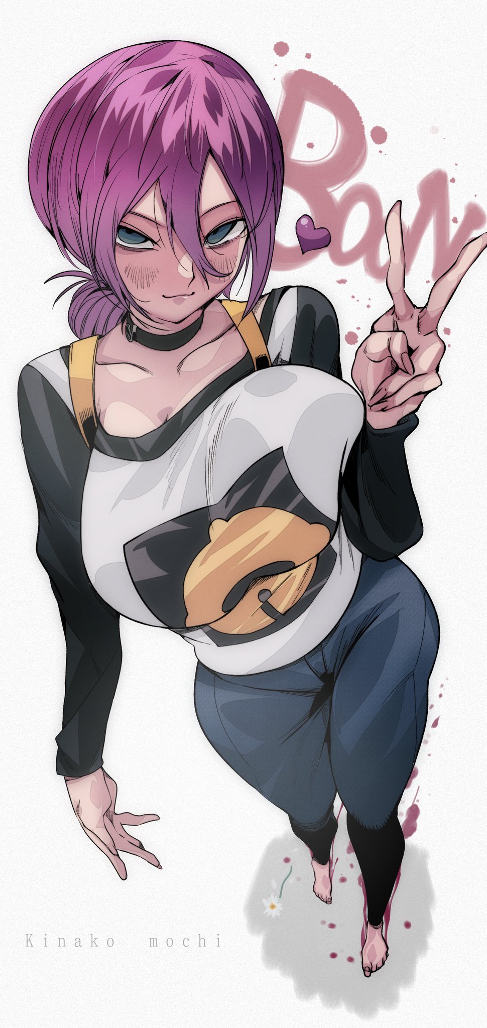 kinakomochi (user vedc2333), reze (chainsaw man), chainsaw man, commentary, highres, symbol-only commentary, 1girl, artist name, blue eyes, blush, breasts, closed mouth, full body, hair between eyes, large breasts, looking at viewer, purple hair, short hair, smile, solo, v