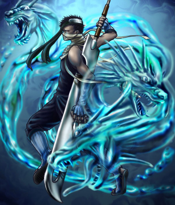 h4x-do11, momochi zabuza, naruto (classic), naruto (series), dragon, fangs, headband, huge weapon, jounin, kubikirihouchou, male focus, solo, sword, water, weapon, zanbatou