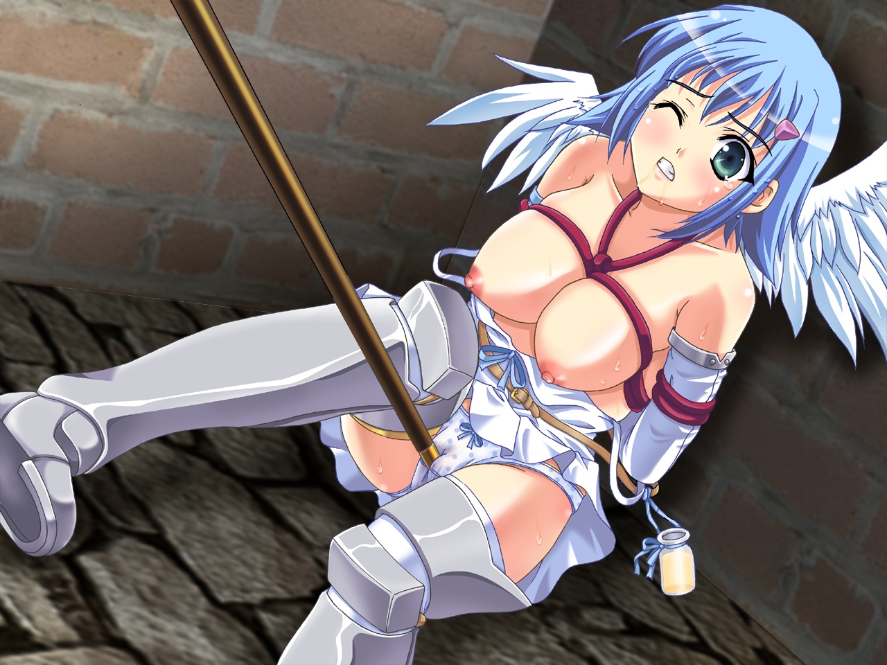 crimson armada, nanael (queen's blade), queen's blade, 00s, 1girl, armor, arms behind back, bdsm, blue hair, blush, bondage, bound, bound arms, box tie, breast bondage, breasts, clenched teeth, floor, green eyes, indoors, nipples, no bra, on floor, one eye closed, panties, saliva, short hair, sitting, solo focus, sweat, tears, teeth, topless female, underwear, white panties, wings