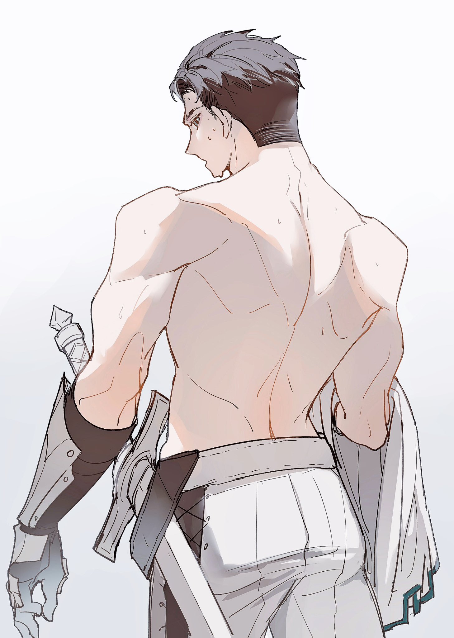 gigantickim ff, terrence (ff16), final fantasy, final fantasy xvi, commentary, english commentary, highres, 1boy, black hair, cowboy shot, facing away, from behind, grey background, looking at viewer, male focus, muscular, muscular male, pants, shirt around one arm, short hair, solo, sweat, sword, topless male, vambraces, weapon, white pants