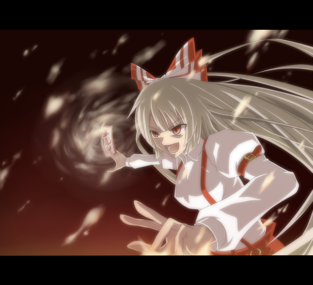 emu ichigo, fujiwara no mokou, touhou, silver hair, 1girl, belt, bow, breasts, female focus, fighting stance, fire, hair bow, large breasts, letterboxed, long hair, ofuda, red eyes, smile, solo, spell card, suspenders