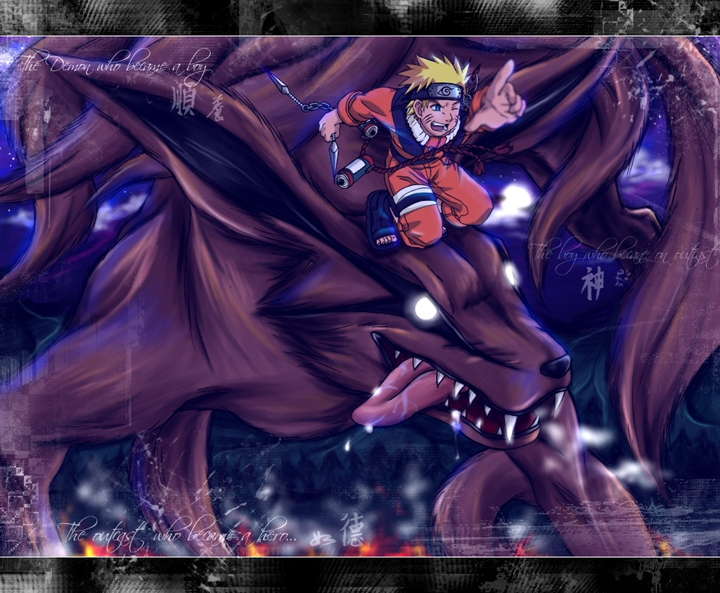 kyuubi (naruto), ninetails, uzumaki naruto, naruto (classic), naruto (series), artist request, 1boy, blue boots, blurry, boots, depth of field, english text, facial mark, fangs, fire, foreshortening, fox, full moon, glowing, glowing eyes, kitsune, kyuubi, letterboxed, male focus, moon, multiple tails, one eye closed, open-toe boots, orange pants, pants, pointing, pouch, saliva, smoke, solo, tail, thigh pouch, tongue, whisker markings