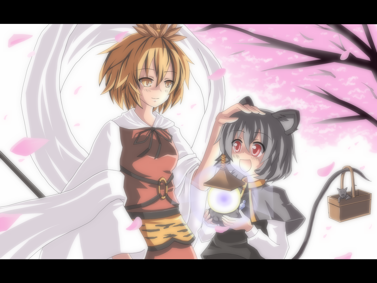 emu ichigo, nazrin, toramaru shou, touhou, 2girls, :d, animal ears, basket, bishamonten's pagoda, blonde hair, bloom, cherry blossoms, female focus, grey hair, hand on another's head, headpat, letterboxed, mouse (animal), mouse ears, mouse tail, multiple girls, open mouth, red eyes, short hair, smile, tail