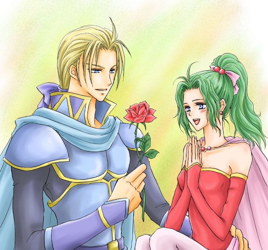 zacloud, edgar roni figaro, tina branford, final fantasy, final fantasy vi, 1990s (style), 1boy, 1girl, blue eyes, blush, bow, cape, earrings, elbow gloves, flower, gloves, green hair, happy, jewelry, long hair, own hands together, pantyhose, pink bow, ponytail, red flower, red rose, retro artstyle, rose, smile