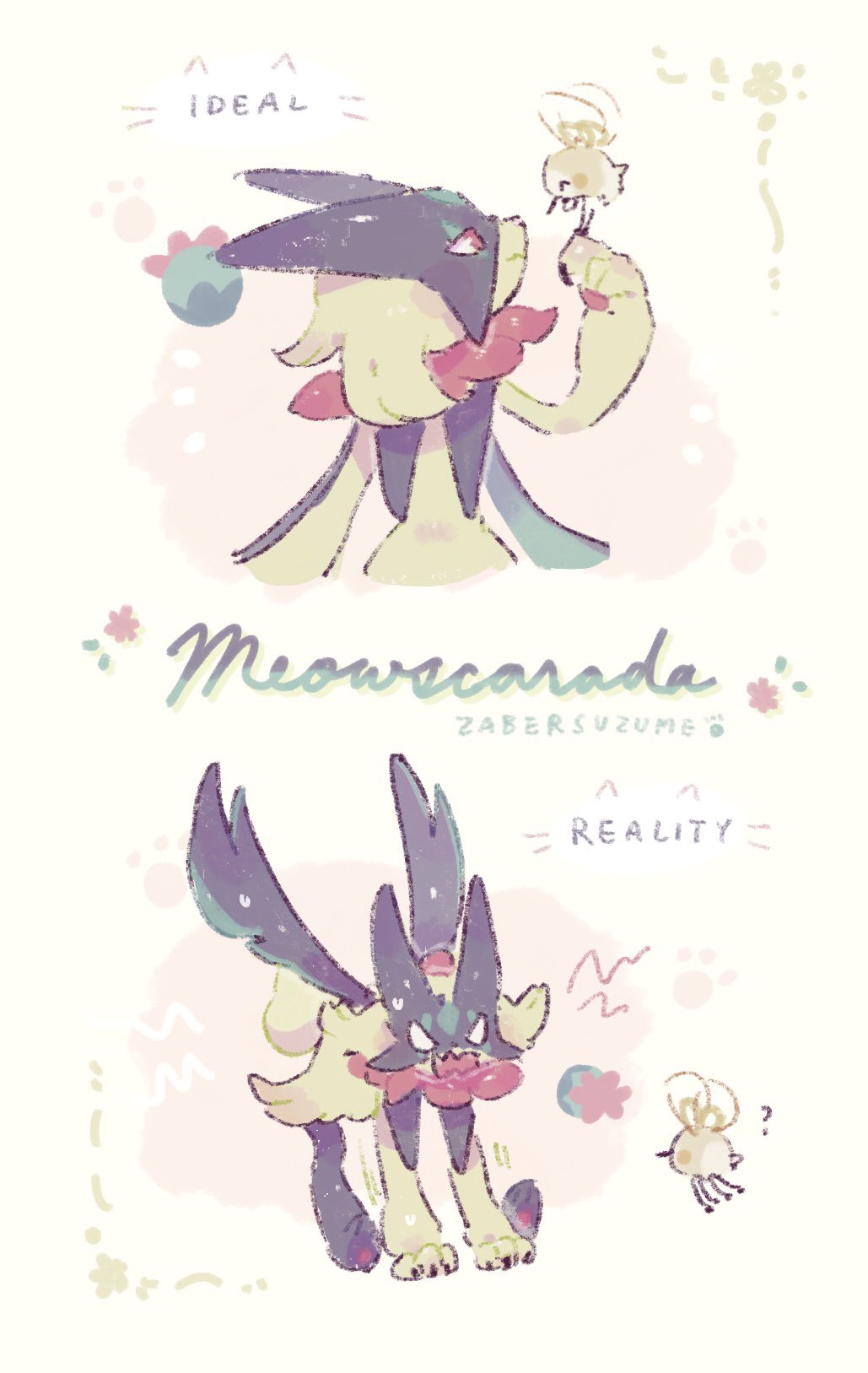 zaber (littlesuzume), cutiefly, meowscarada, nintendo, pokemon, commentary request, highres, ?, arm up, blank eyes, bug, closed eyes, english text, gen 7 pokemon, looking at another, multiple views, no humans, pokemon (creature), pokemon focus