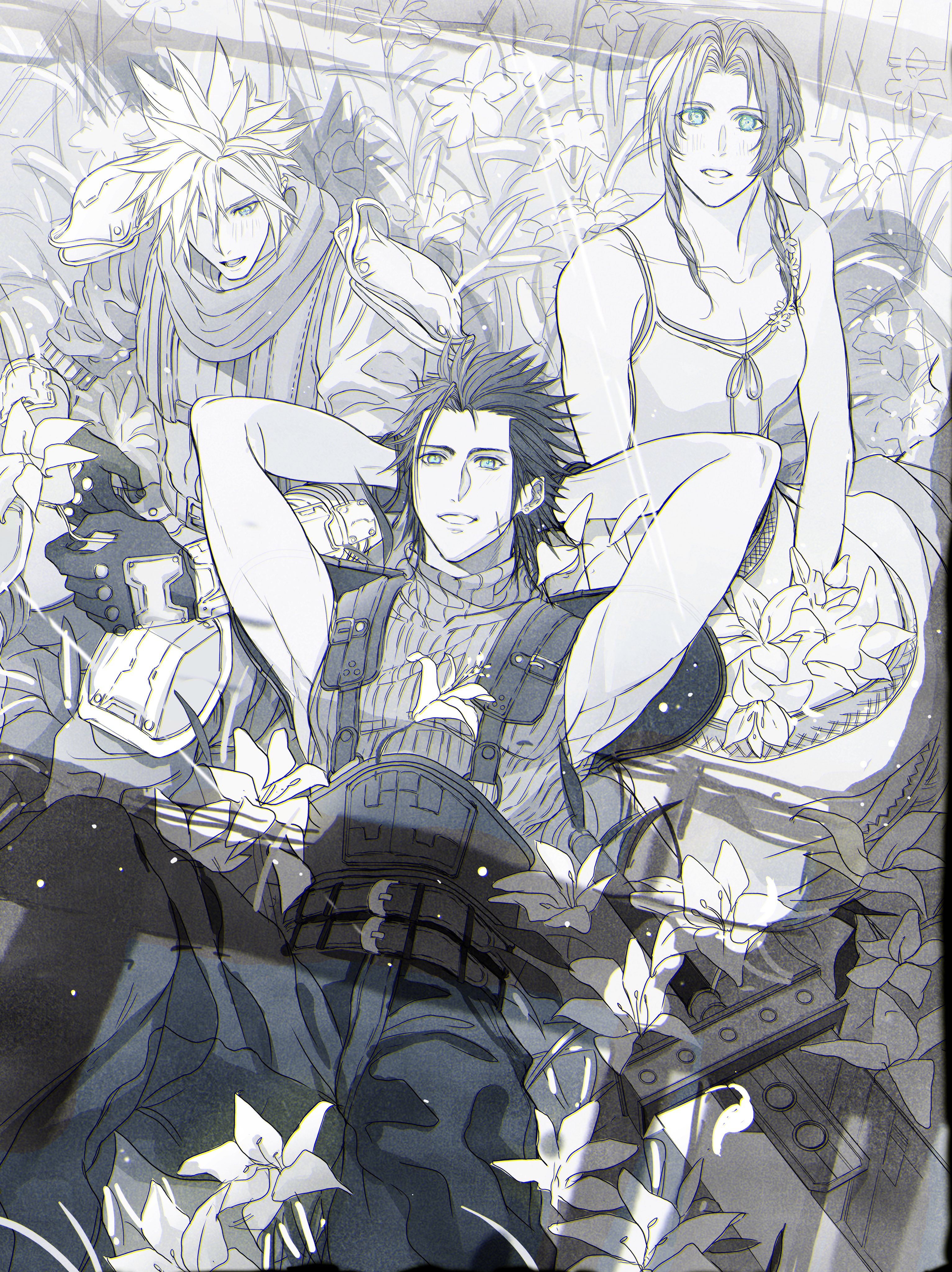 2b fff, aerith gainsborough, cloud strife, zack fair, crisis core: final fantasy vii, final fantasy, final fantasy vii, absurdres, highres, 1girl, 2boys, armor, armpits, arms behind back, baggy pants, bare shoulders, belt, black hair, blue eyes, breasts, buster sword, camisole, church, collarbone, cross scar, dress, dress flower, facial scar, flower, flower bed, from above, gloves, green eyes, hair between eyes, hair ribbon, hair slicked back, knee pads, lily (flower), long dress, long hair, looking up, medium breasts, medium hair, multiple belts, multiple boys, pants, parted bangs, parted lips, pauldrons, reclining, ribbon, scar, scar on cheek, scar on face, scarf, shinra infantry uniform, short hair, shoulder armor, sideburns, sidelocks, sitting, sleeveless, sleeveless dress, sleeveless turtleneck, smile, spaghetti strap, spiked hair, sundress, sunlight, suspenders, turtleneck