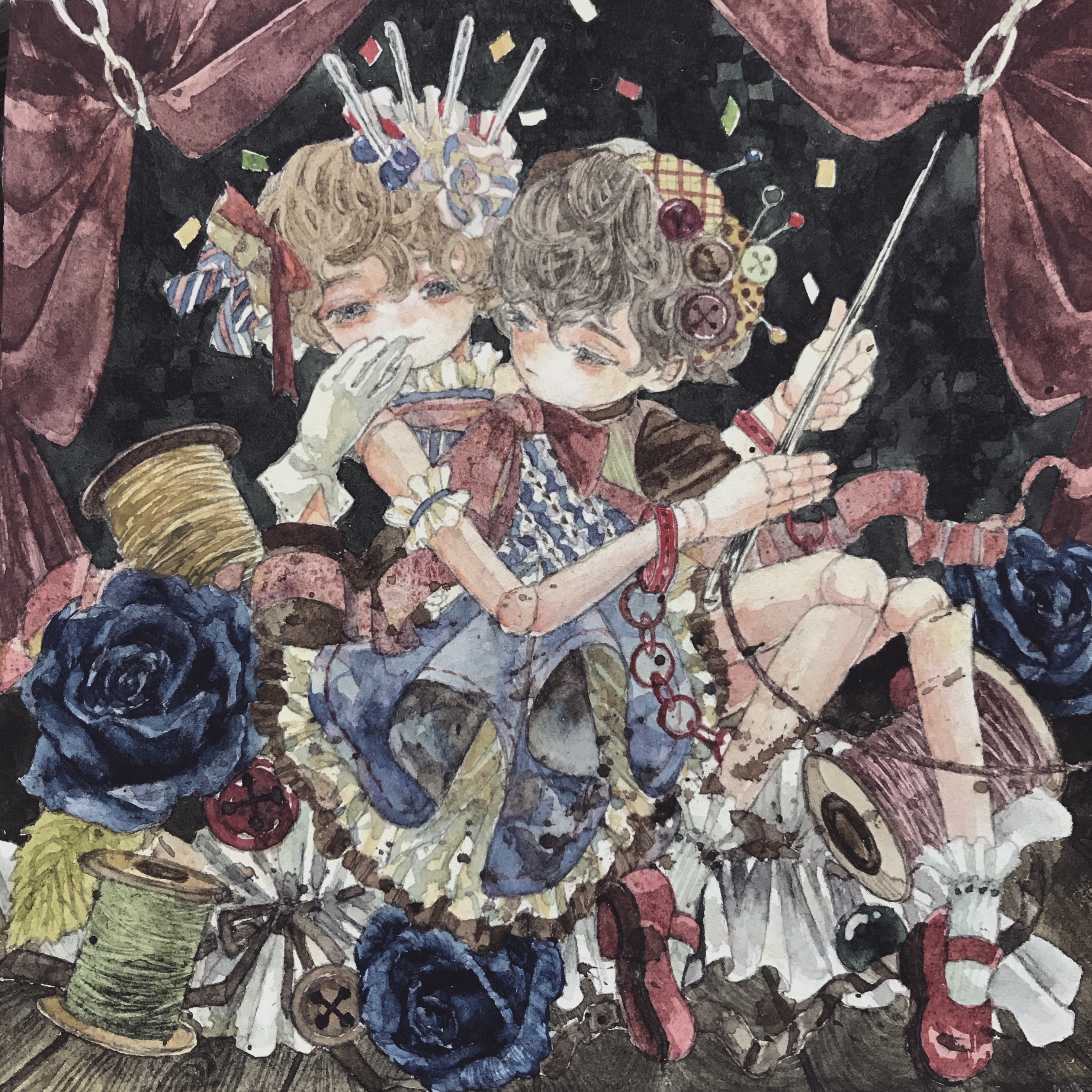 karintoun, original, absurdres, acrylic paint (medium), commentary request, highres, painting (medium), traditional media, watercolor (medium), 1boy, 1girl, blue eyes, blush, brown hair, buttons, chain, closed mouth, curly hair, doll, dress, flower, needle, puppet, red shoes, ribbon, rose, shoes, short hair, signature, sitting, sitting on person, spool, stage, thread