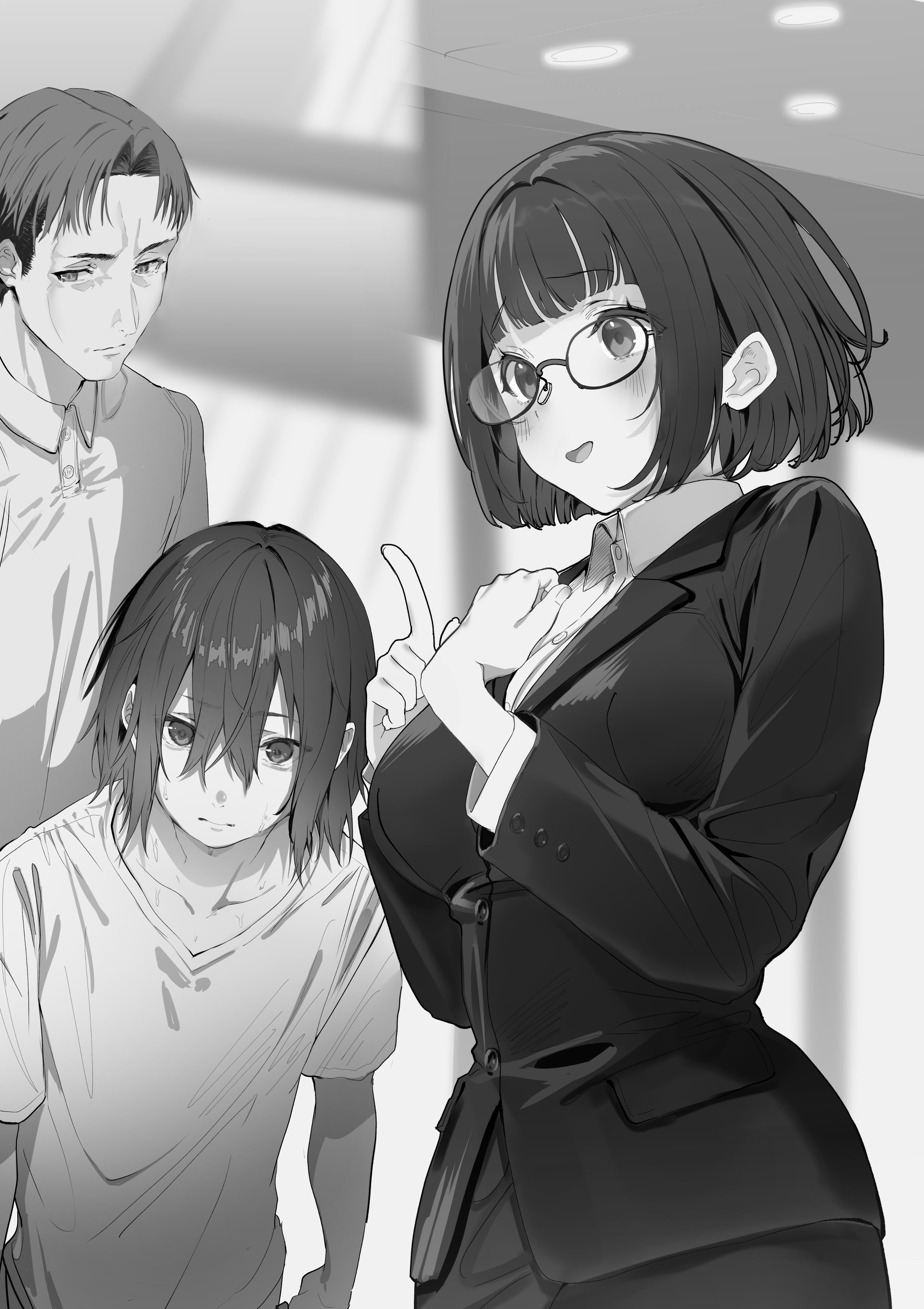 shimofuri, amei kanna, momonouchi sumomo, hakuchuumu no aojashin, absurdres, commentary request, highres, novel illustration, official art, second-party source, 1girl, 2boys, asuma (hakuchuumu no aojashin), bespectacled, blunt bangs, blurry, blurry background, blush, breasts, collared shirt, glasses, greyscale, hands up, large breasts, looking at viewer, looking to the side, medium hair, monochrome, multiple boys, open mouth, round eyewear, shirt, standing, wig, wing collar