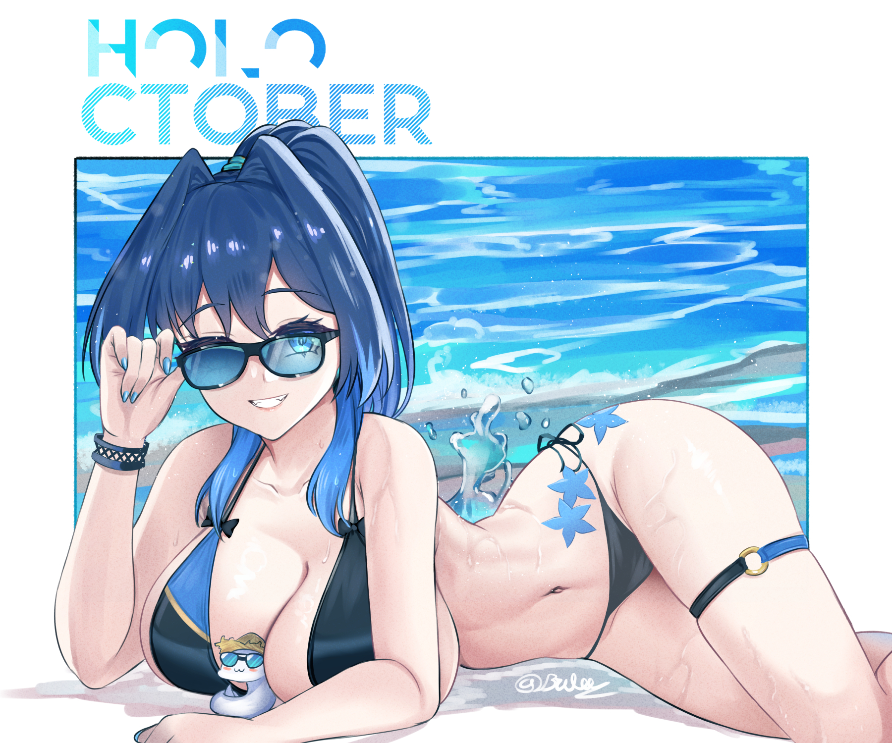 brulee, ouro kronii, hololive, hololive english, highres, 1girl, black-framed eyewear, blue eyes, blue hair, blue nails, breasts, cleavage, closed mouth, glasses, hair intakes, large breasts, long hair, looking at viewer, nail polish, o-ring, o-ring thigh strap, sidelocks, smile, solo, thigh strap, virtual youtuber, water, white background