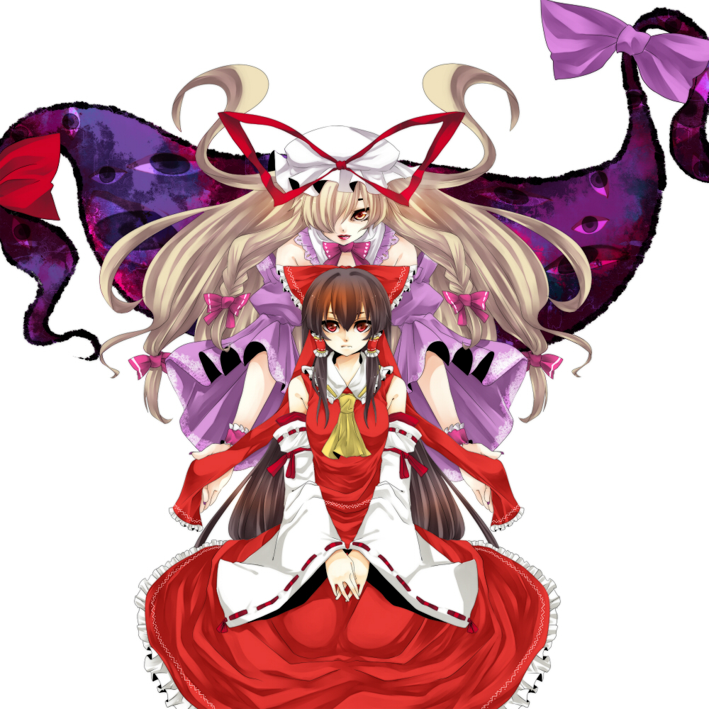 yutazou, hakurei reimu, yakumo yukari, touhou, bad id, bad pixiv id, 2girls, alternate costume, bare shoulders, blonde hair, bow, braid, brown hair, detached sleeves, dress, female focus, gap (touhou), hair bow, hair over one eye, hat, hat ribbon, japanese clothes, large bow, lips, lipstick, long hair, makeup, miko, multiple girls, multiple hair bows, nail polish, purple dress, purple nails, red eyes, red lips, ribbon, sitting, v arms, wrist cuffs, yellow eyes