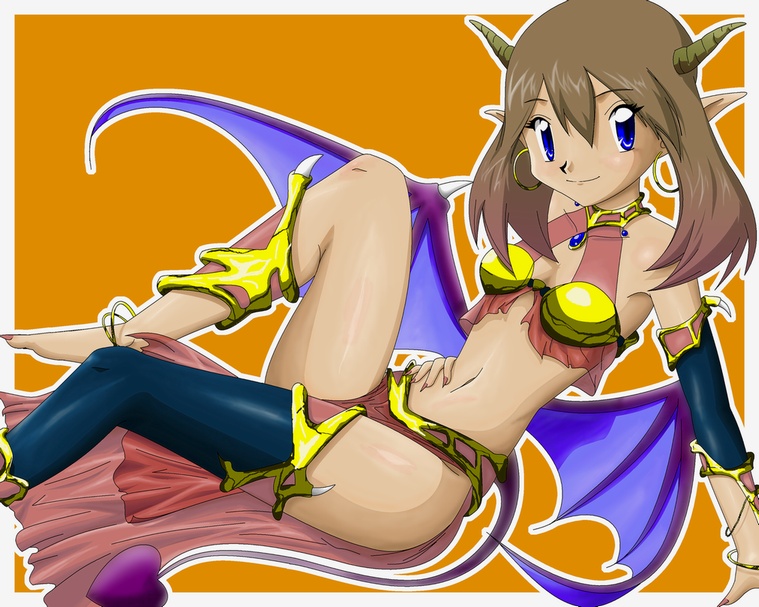may (pokemon), nintendo, pokemon, artist request, breasts, cleavage, cosplay, dark skin, demon girl, horns, pointy ears, tail, wings