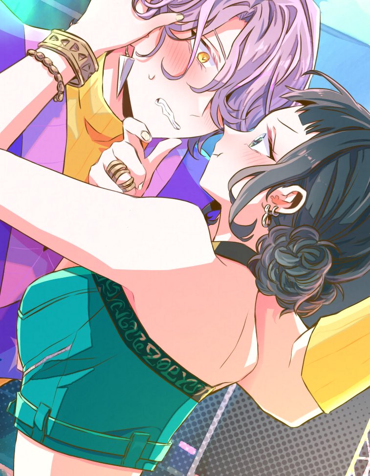 mystery (kpop demon hunters), zoey (kpop demon hunters), kpop demon hunters, commentary, english commentary, 1boy, 1girl, aqua shirt, bangle, bare shoulders, black hair, blunt bangs, blush, bracelet, breasts, clenched teeth, crop top, detached sleeves, double bun, earrings, furrowed brow, hair bun, hair over one eye, halterneck, hand in another's hair, hand on another's chin, hetero, jewelry, medium breasts, midriff, multiple rings, purple hair, purple sweater vest, ribbed sweater, ring, shirt, short bangs, sleeveless, sleeveless turtleneck, sweatdrop, sweater, sweater vest, teeth, tooth earrings, turtleneck, updo, upper body, wavy mouth, yellow eyes, yellow sleeves, yellow sweater, yosuo 0408