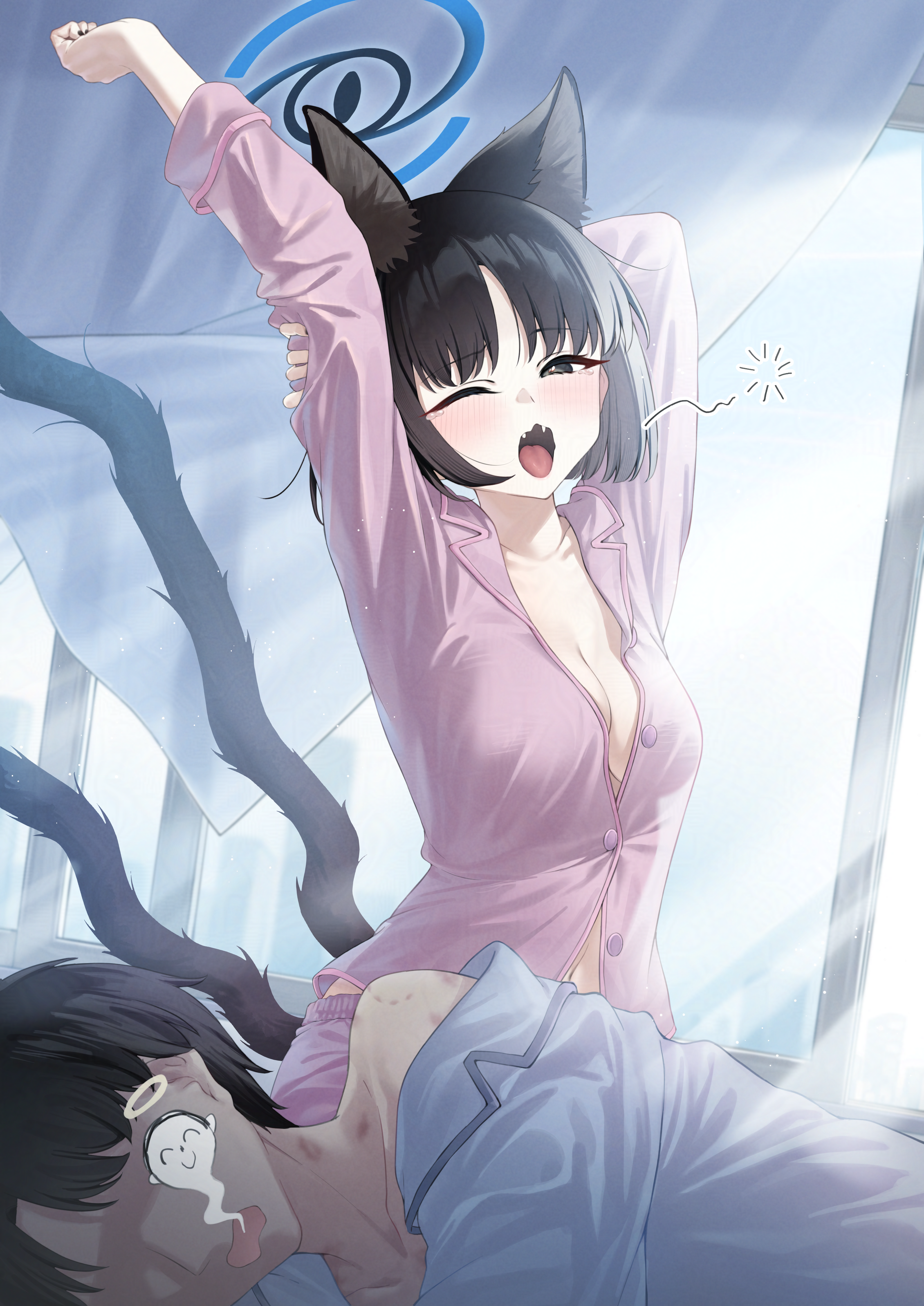 pizza (pizzania company), doodle sensei (blue archive), kikyou (blue archive), sensei (blue archive), blue archive, absurdres, commentary request, highres, 1boy, 1girl, ;o, animal ear fluff, animal ears, arms up, bite mark, bite mark on shoulder, black hair, blush, breasts, cat ears, cat girl, cat tail, exhausted, fangs, giving up the ghost, hickey, long sleeves, lying, medium breasts, morning, morning after, multiple tails, on bed, one eye closed, open mouth, pajamas, see-through silhouette, shirt, stretching, tail, two tails, waking up, white shirt, yawning