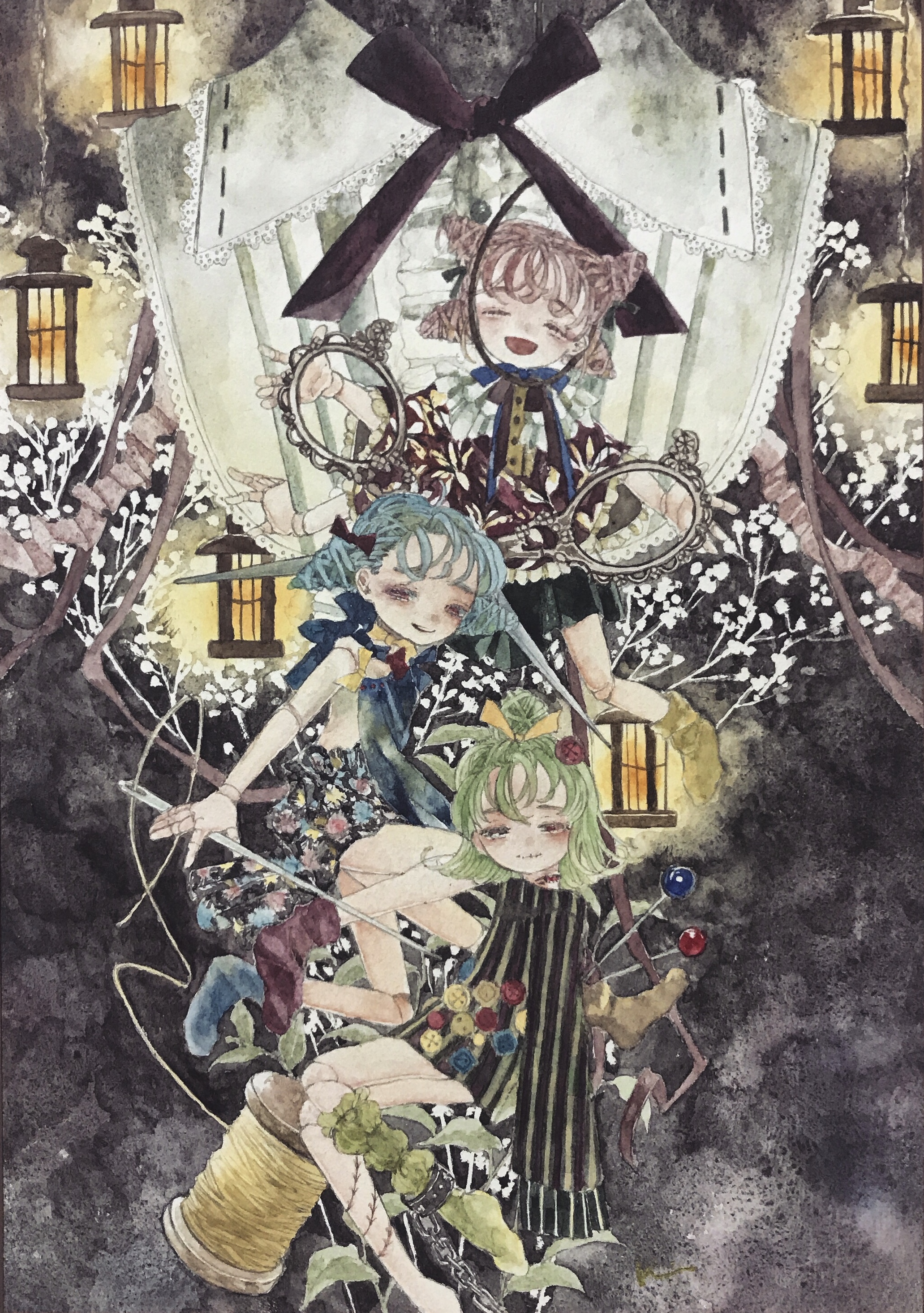 karintoun, original, absurdres, acrylic paint (medium), commentary request, highres, painting (medium), traditional media, watercolor (medium), 3girls, blue hair, bow, braid, brown hair, dress, flower, full body, green eyes, green hair, hair bow, lace, lantern, looking at viewer, multiple girls, needle, open mouth, plant, puppet, red eyes, ribbon, short hair, signature, sitting, smile, spool, striped clothes, striped dress, surreal, thread