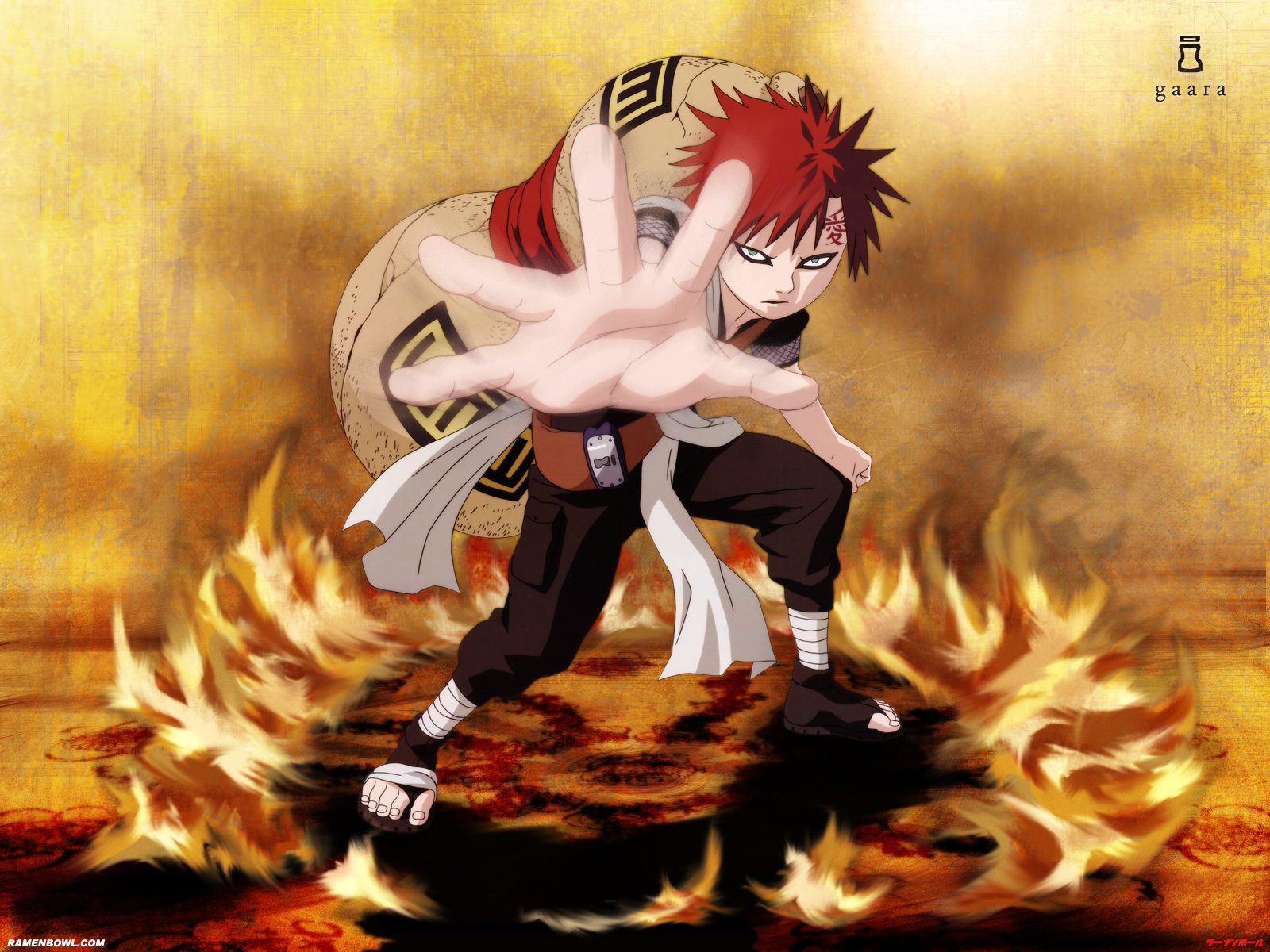 gaara (naruto), naruto (classic), naruto (series), artist request, highres, body writing, fighting stance, forehead tattoo, full body, gourd, male focus, red hair, sand, solo, tattoo, watermark, web address
