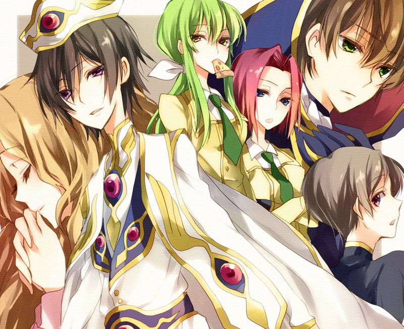 yuzuki karu, c.c., kouzuki kallen, kururugi suzaku, lelouch vi britannia, nunnally vi britannia, rolo lamperouge, code geass, bad id, bad pixiv id, 00s, 3boys, 3girls, black hair, brown hair, closed eyes, food, green eyes, green hair, multiple boys, multiple girls, pizza, purple eyes, school uniform, smile, yellow eyes