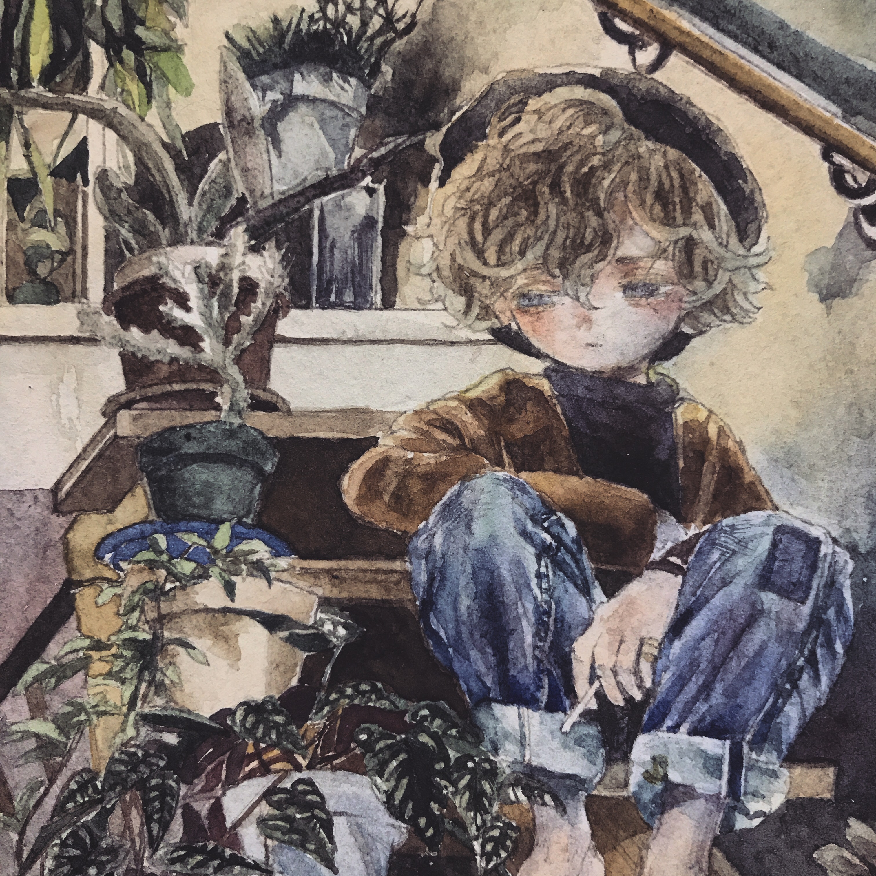 karintoun, original, absurdres, acrylic paint (medium), commentary, highres, painting (medium), traditional media, watercolor (medium), 1boy, barefoot, beret, blonde hair, blue eyes, brown hair, curly hair, denim, expressionless, feet out of frame, hat, indoors, jacket, jeans, long sleeves, looking down, medium hair, messy hair, pants, parted bangs, plant, potted plant, sad, sitting, stairs, sweater