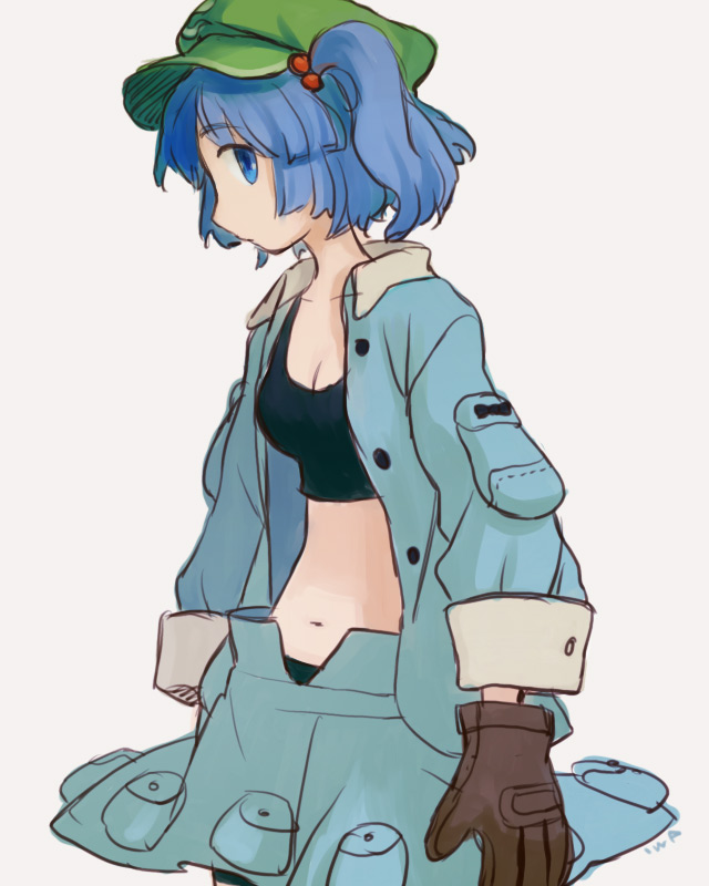 iwamoto zerogo, kawashiro nitori, touhou, 1girl, female focus, gloves, hair bobbles, hair ornament, midriff, navel, simple background, solo, two side up