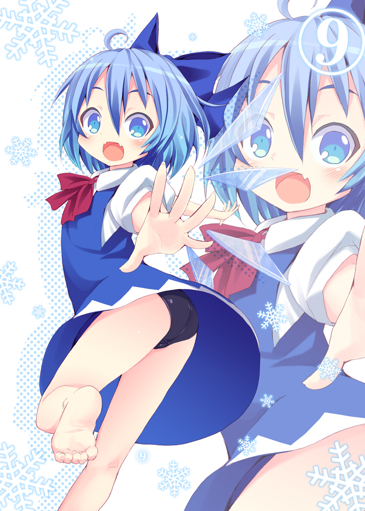 kishiri toworu, miyao ryuu, cirno, phantasmagoria of flower view, touhou, 1girl, ass, barefoot, black panties, blue eyes, blue hair, bow, child, circled 9, dress, fangs, feet, female focus, foreshortening, hair bow, matching hair/eyes, one-piece swimsuit, panties, school swimsuit, short hair, skin fangs, solo, swimsuit, swimsuit under clothes, underwear, wings, zoom layer