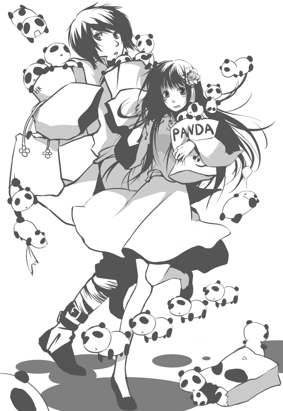 cynthia0917, hong kong (hetalia), taiwan (hetalia), axis powers hetalia, bad id, bad pixiv id, highres, 00s, changpao, chinese clothes, couple, flower, greyscale, hair flower, hair ornament, long hair, monochrome, panda, simple background