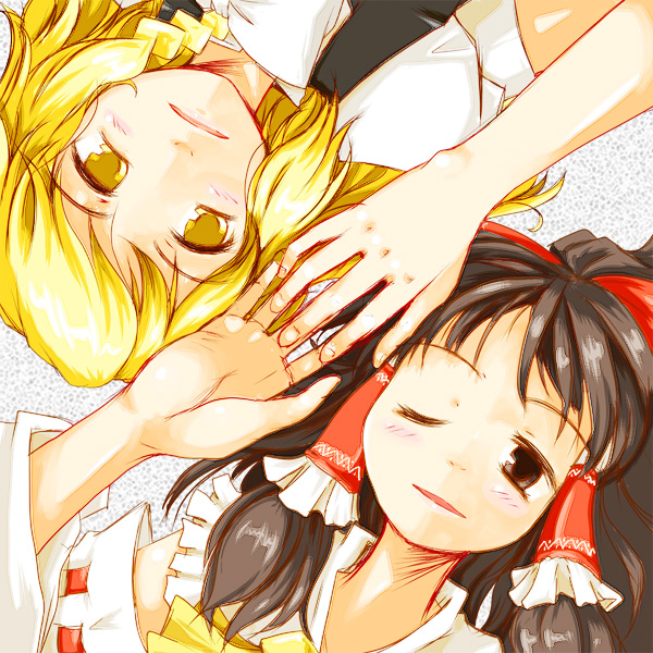 kanoe soushi, hakurei reimu, kirisame marisa, touhou, 2girls, blonde hair, brown eyes, brown hair, female focus, holding hands, lying, multiple girls, no headwear, on back, one eye closed, rotational symmetry, wink, yellow eyes