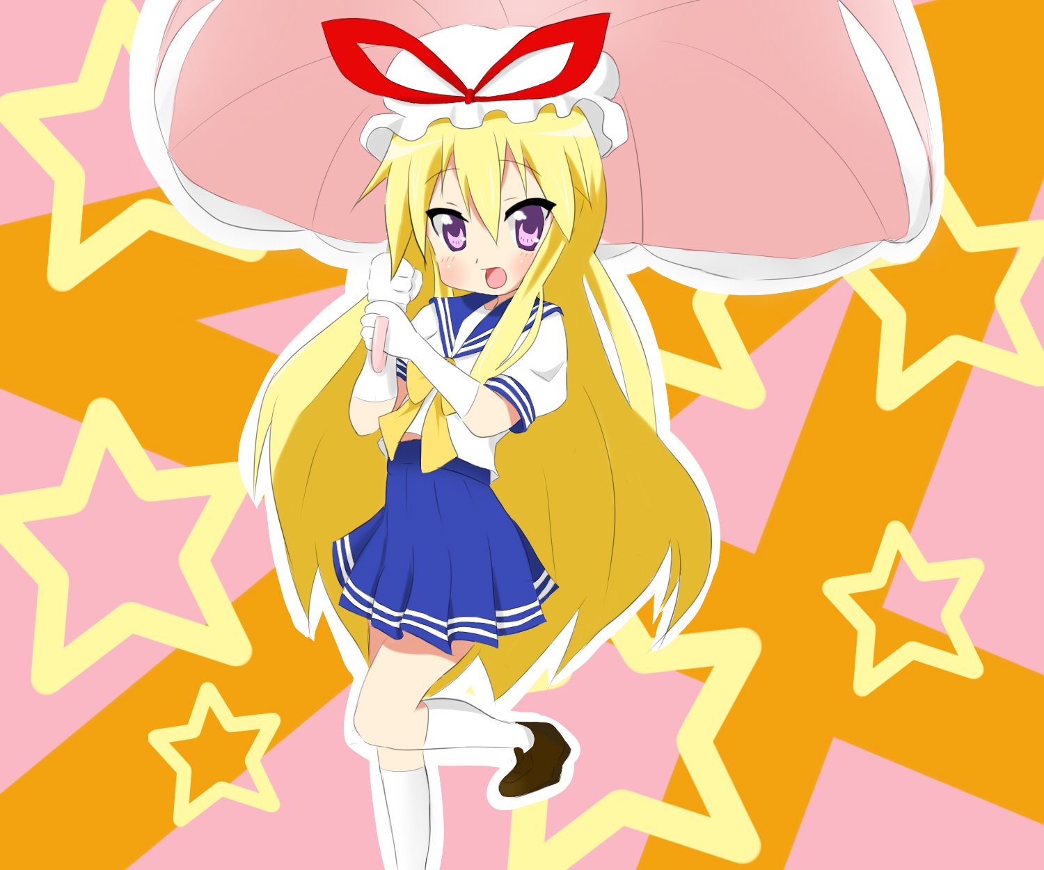 chiro-minami, chiro (bocchiropafe), yakumo yukari, lucky star, touhou, highres, 00s, 1girl, alternate costume, blonde hair, female focus, hat, parasol, school uniform, serafuku, solo, star (symbol), umbrella