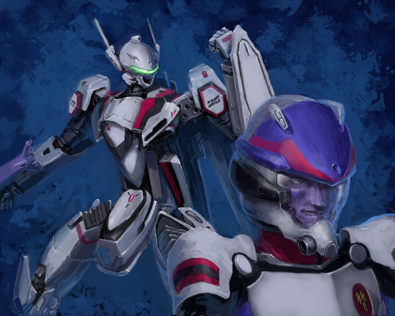 yutori (clockwork chicken), henry gilliam, vf-25, macross, macross frontier, pilot suit, bad id, bad pixiv id, 00s, armor, gunpod, helmet, mecha, realistic, robot, s.m.s., shield, spacesuit