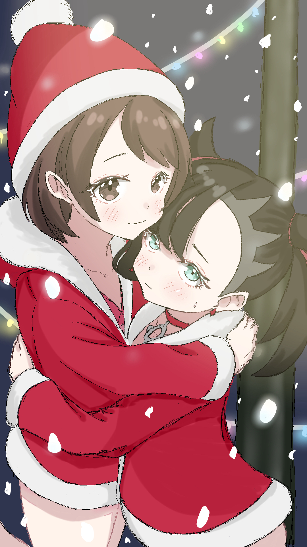 gloria (pokemon), marnie (pokemon), nintendo, pokemon, pokemon swsh, commentary request, highres, 2girls, alternate costume, asymmetrical bangs, blush, brown eyes, brown hair, choker, christmas lights, closed mouth, collarbone, earrings, eyelashes, fur-trimmed jacket, fur trim, green eyes, ham mottyo, hat, hood, hooded jacket, hug, jacket, jewelry, long sleeves, multiple girls, outdoors, pom pom (clothes), red choker, red hat, red jacket, santa hat, short hair, smile, snowing, sweatdrop, twintails, undercut, yuri