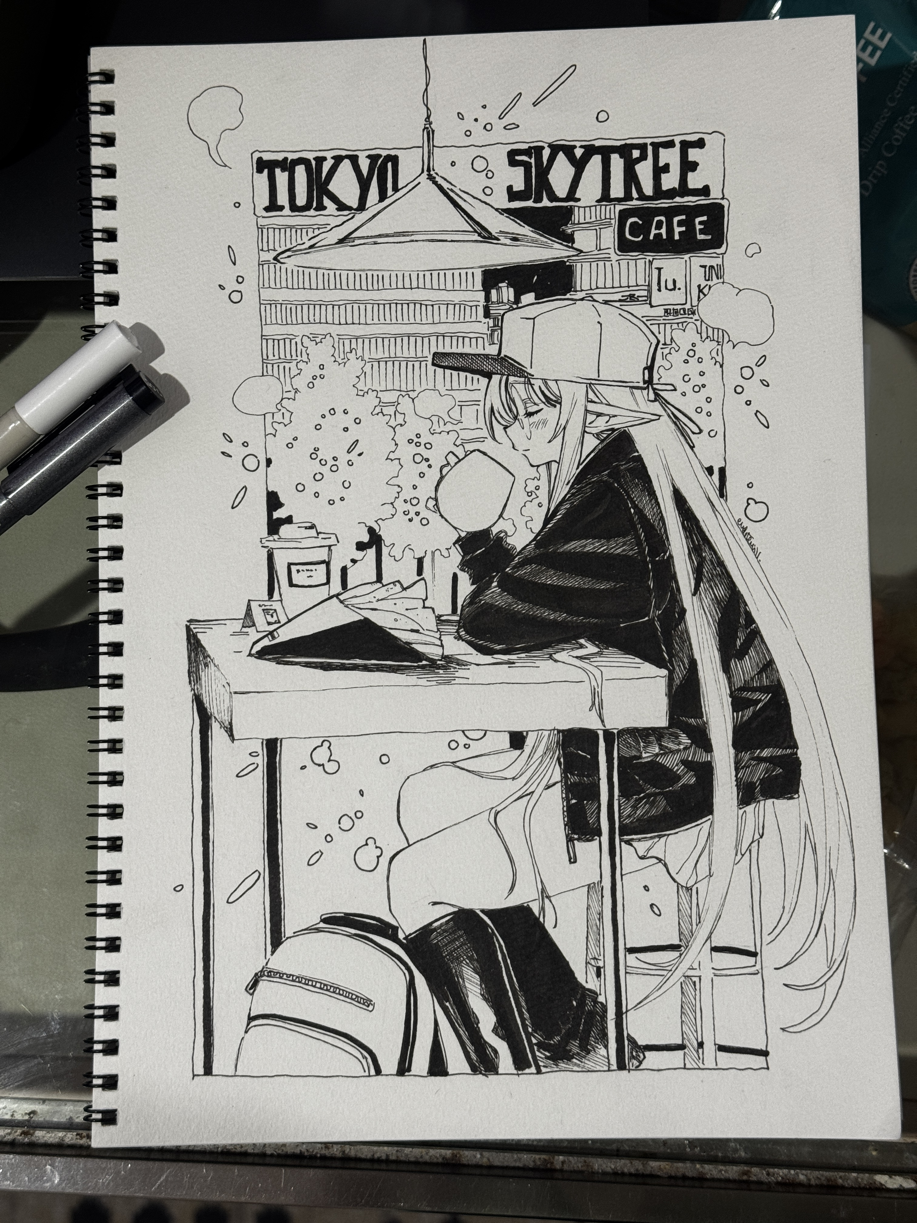 eudetenis, original, absurdres, commentary, english commentary, highres, photo (medium), traditional media, 1girl, backpack, bag, baseball cap, boots, ceiling light, closed eyes, closed mouth, cup, disposable coffee cup, disposable cup, feet out of frame, hat, holding, holding cup, jacket, long hair, long sleeves, open clothes, open jacket, pleated skirt, pointy ears, sitting, skirt, solo, stool, table, tree, very long hair