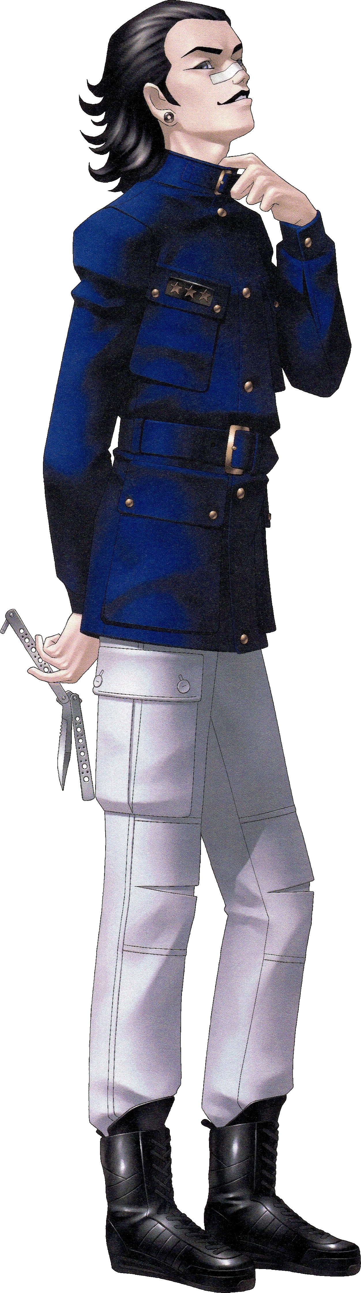 kazuma kaneko, ozawa (megami tensei), shin megami tensei, shin megami tensei i, absurdres, commentary, english commentary, highres, official art, third-party source, 1boy, balisong, bandaid, black boots, black hair, boots, ear piercing, full body, holding, holding behind back, holding knife, knife, looking at viewer, male focus, piercing, smug, solo, transparent background, weapon