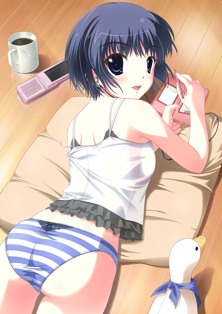 amino, amino kohaku, original, 1girl, ass, bird, black hair, blue eyes, camisole, cellphone, cup, drink, duck, female focus, handheld game console, headphones, looking back, lying, mug, nintendo ds, panties, phone, pillow, see-through clothes, short hair, solo, striped clothes, striped panties, stuffed animal, stuffed toy, underwear