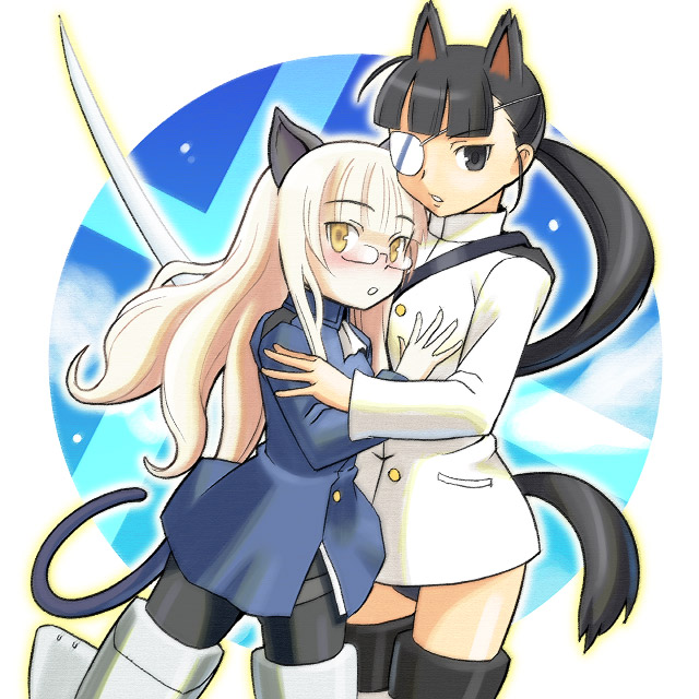 perrine h. clostermann, sakamoto mio, strike witches, world witches series, 00s, 2girls, animal ears, black eyes, black hair, blonde hair, eyepatch, glasses, katana, long hair, military, military uniform, multiple girls, panties, panties under pantyhose, pantyhose, ponytail, striker unit, sword, tail, underwear, weapon